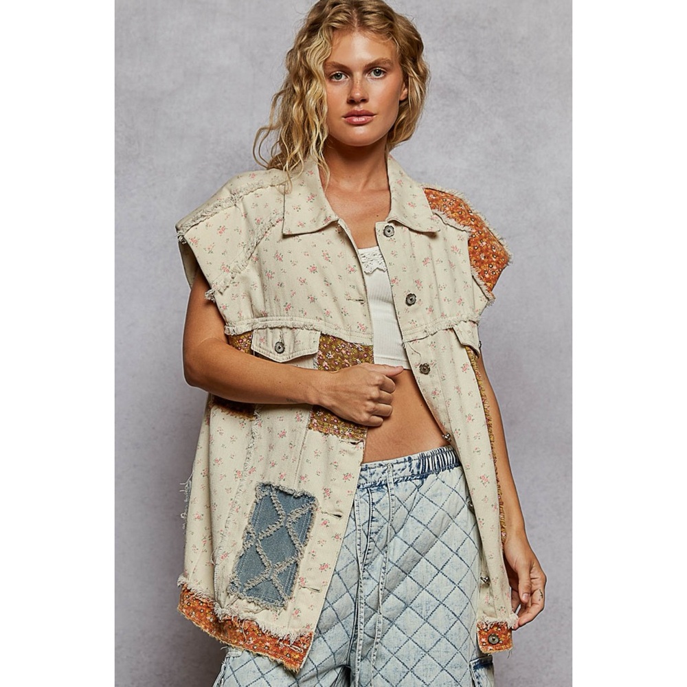 POL Cream Floral Patchwork Denim Vest | Long Mixed Fabric Boho Vest - Picture 2 of 5